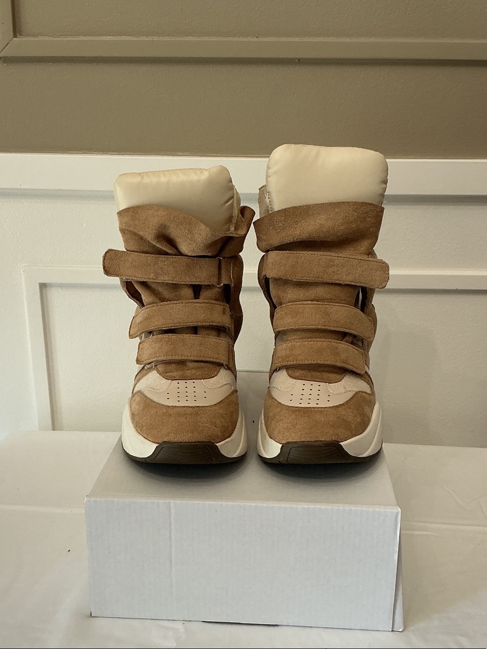High-Top Suede Platform Sneakers in Tan and Cream - Women's - Picture 5 of 6